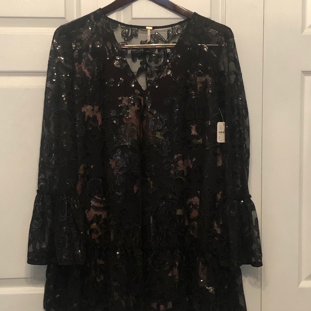 NEW Free People Black Lace and Sequin Mini Dress